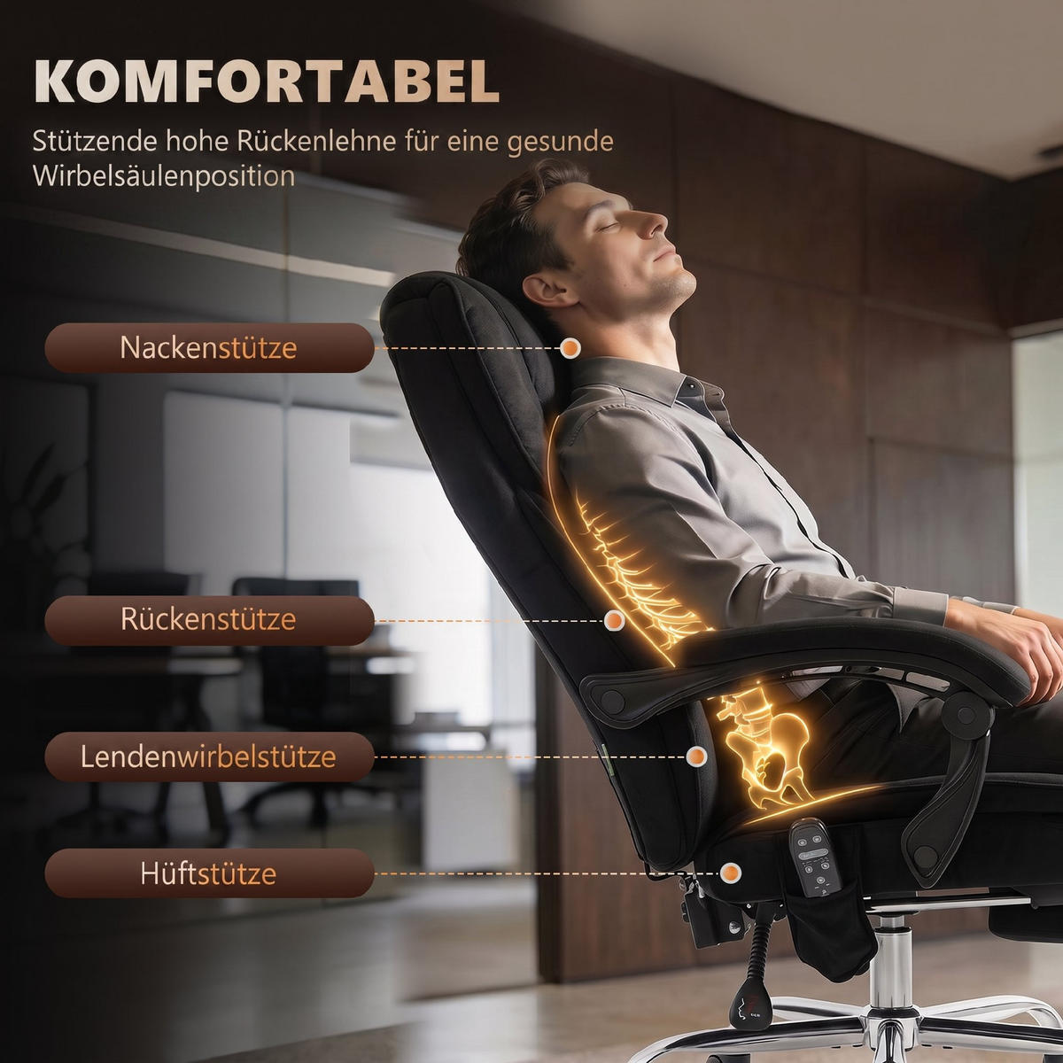 KONTORSSTOL med massagefunktion, svart - Brun/Svart, Textil/Metall (67/119/72cm) - Vinsetto