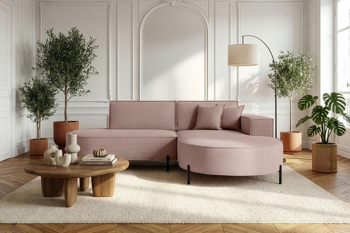 ECKSOFA Hana Loft 3-Sitzer Ecke Rechts, Cordstoff Chenille, Altrosa Rosa 241/80/168 cm - Schwarz/Rosa, Textil/Metall (241/168cm) - WFL GROUP