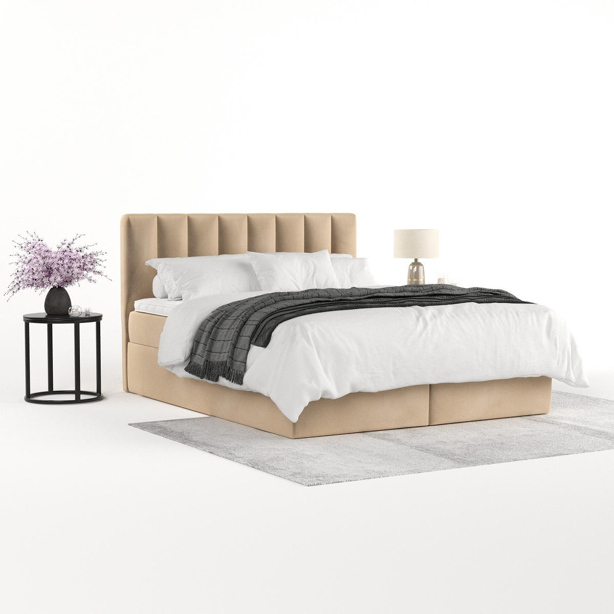 BOXBETT Lusso 160/200 cm Beige im Kronos Stoff - Beige/Schwarz, Holz/Holzwerkstoff (160/200cm) - AltaBeds
