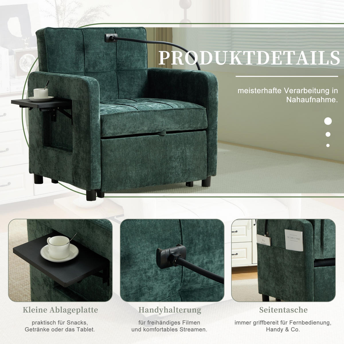 FERNSEHSESSEL Relaxsessel,Polsterliege mit Stauraum,Chenille,Grün - Grün, Textil (79/83/167cm) - LVHOM