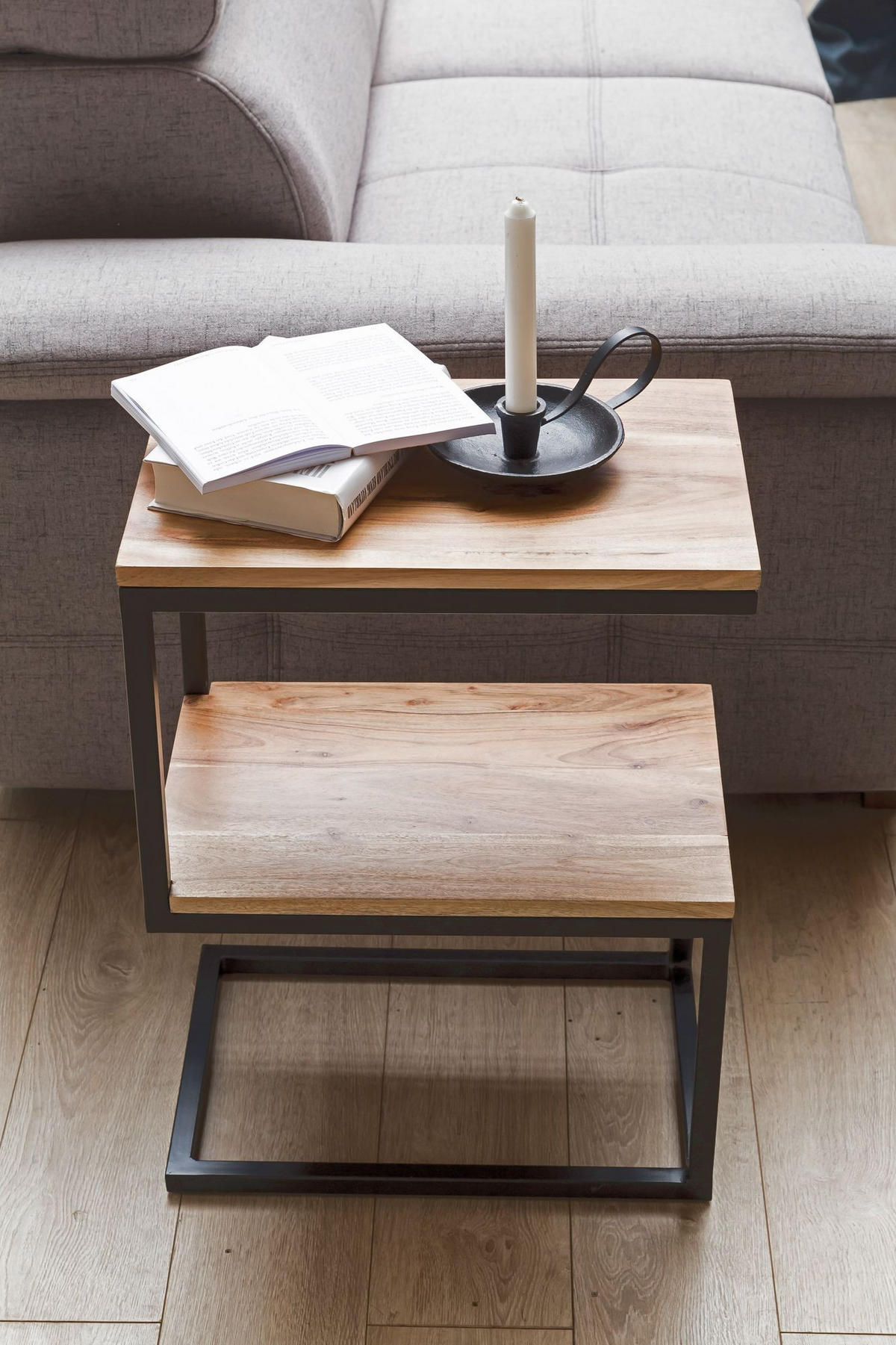 BEISTELLTISCH Massivholz S-Design Metallgestell Ablageflächen INDI, Beige 45x30x60 cm - Beige/Schwarz, Holz/Metall (30/45/60cm) - KADIMA DESIGN