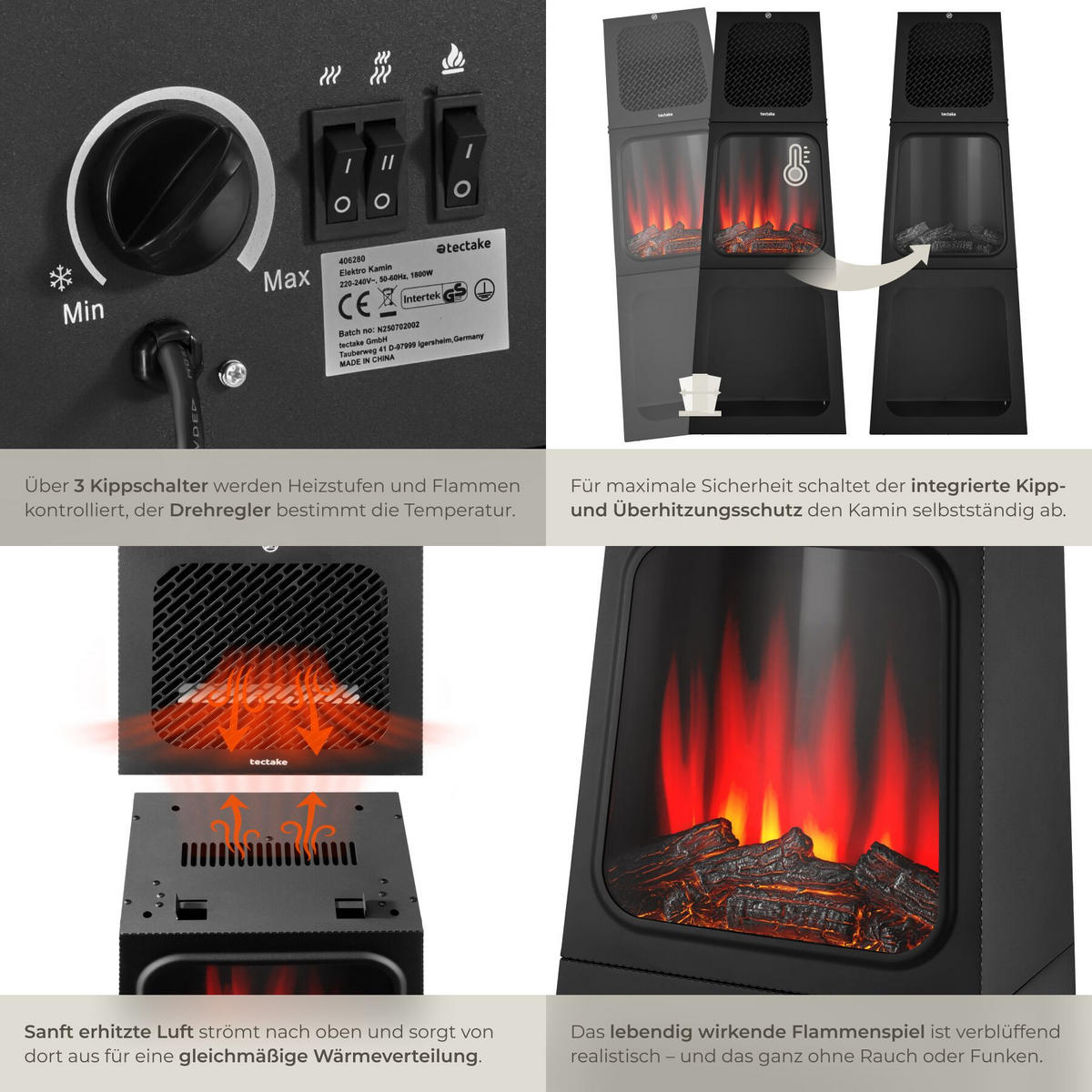 ELEKTROKAMIN Soleil,integriertes Thermostat,schwarz - Schwarz, Metall (45/120/35cm) - tectake