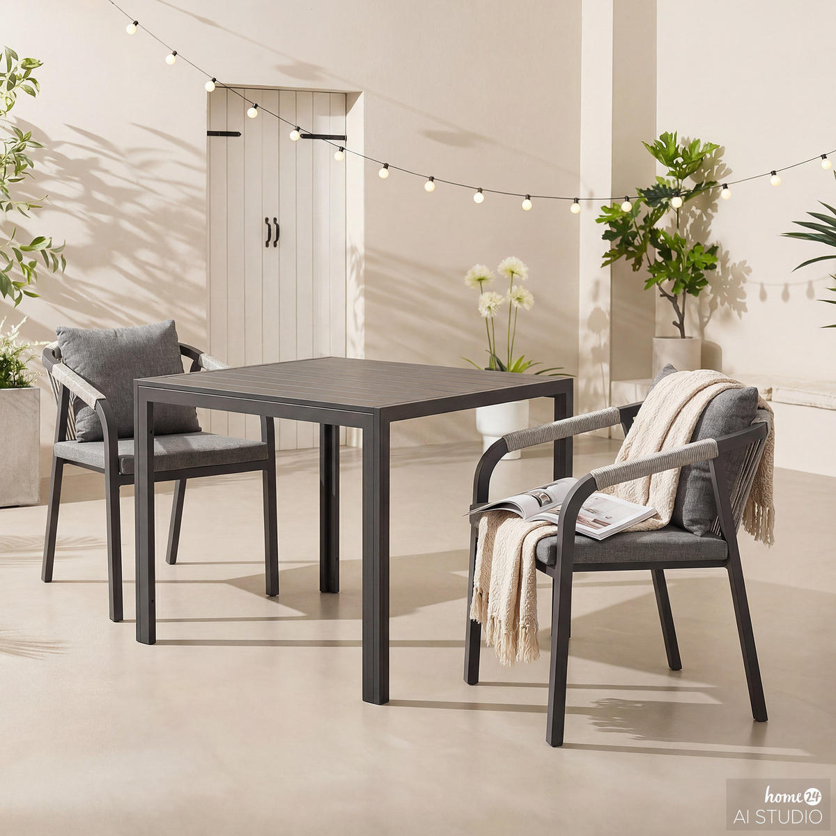 GARTENESSGRUPPE - 3-teilig - Aluminium / Olefin - Anthrazit / Grau - Schwarz/Grau, Holzwerkstoff/Kunststoff - home24