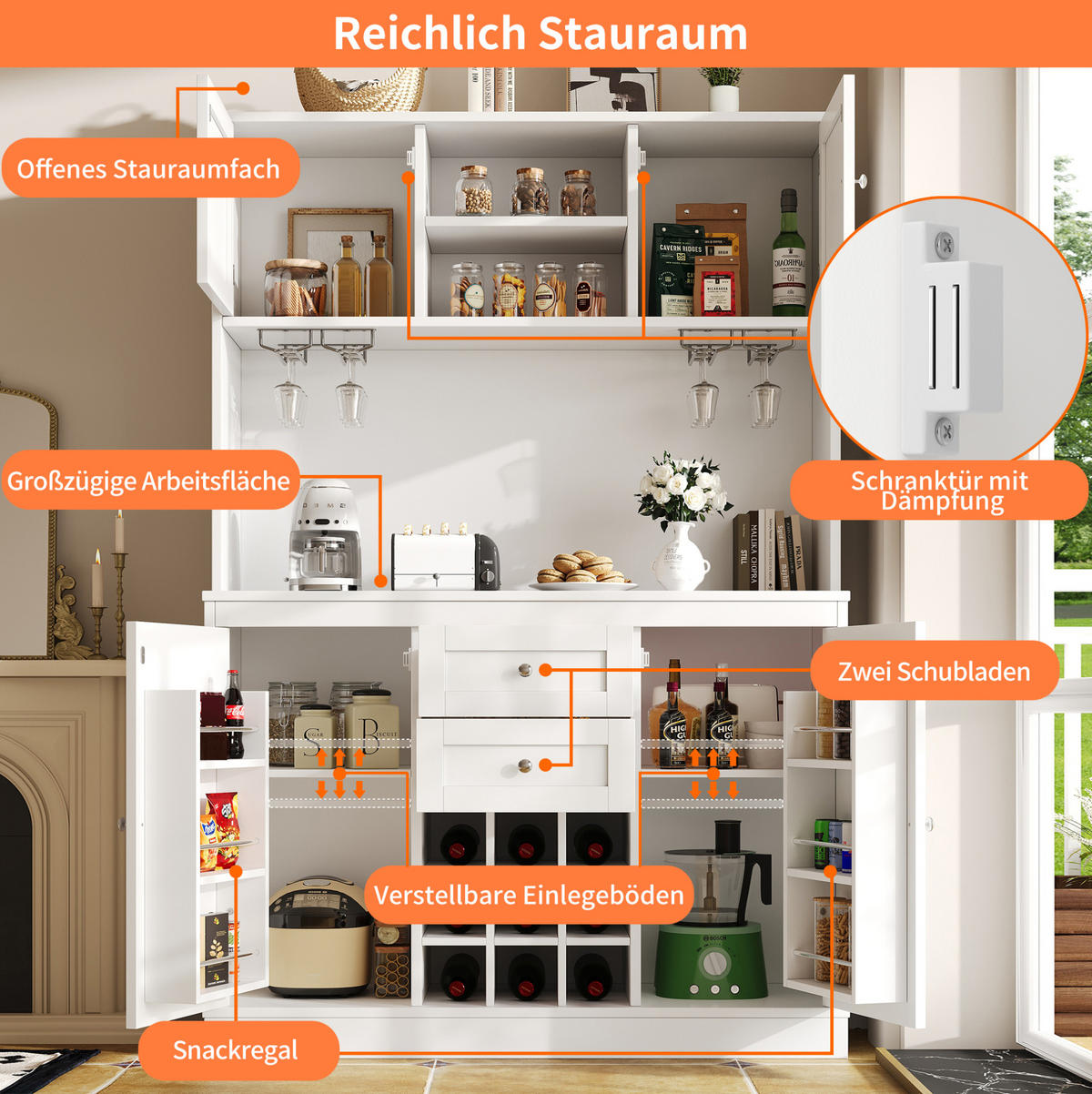 BUFFET 120/40/188 cm aus MDF und Metall mit verstellbaren Einlegeböden und Weinregal Weiß - Weiß, Holzwerkstoff (106/179.5/40cm) - Modenvie