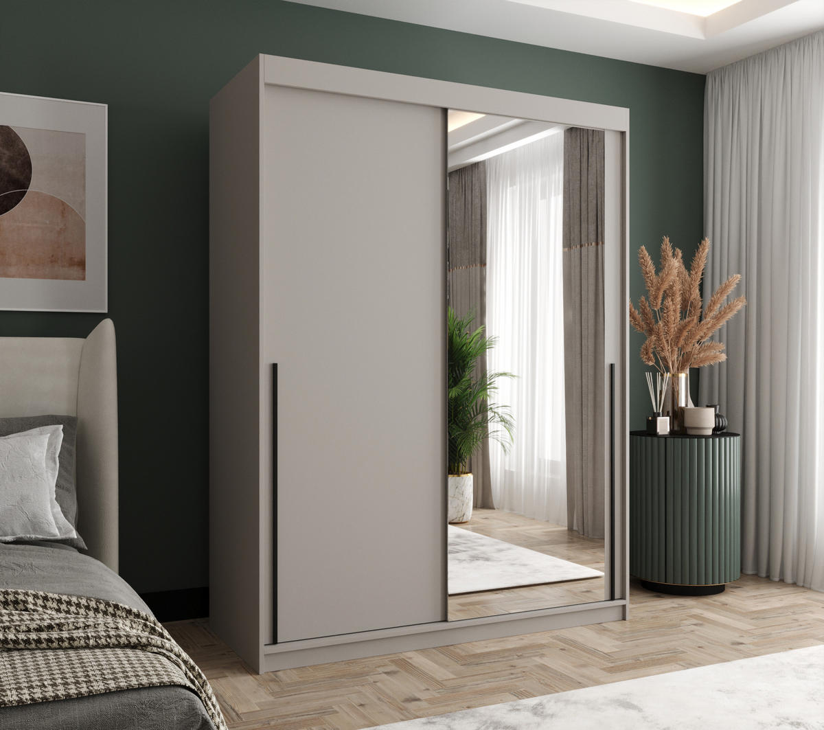 SCHWEBETÜRENSCHRANK mit Spiegel 150 cm Breite Kaschmir mit schwarzem Griff - Kaschmir/Schwarz, Holzwerkstoff (250/200/62cm) - Home Collective