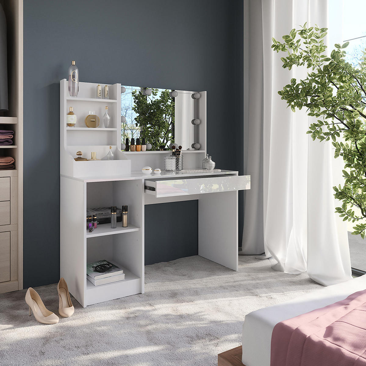 SCHMINKTISCH Sherry Weiß/Weiß Hochglanz 119.8 cm 4 Teile - Weiß Hochglanz, Holzwerkstoff (119.8/76/50.1cm) - Vicco