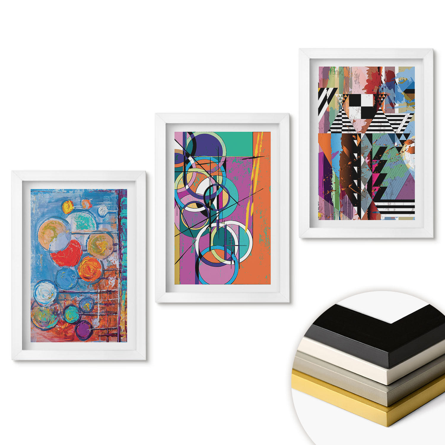 WANDBILDER 3er-Set - 20x30 cm Weißer Rahmen - Bunte abstrakte Kreise Geometrie - Weiß, Kunststoff (20/30cm) - ArtPrintCave