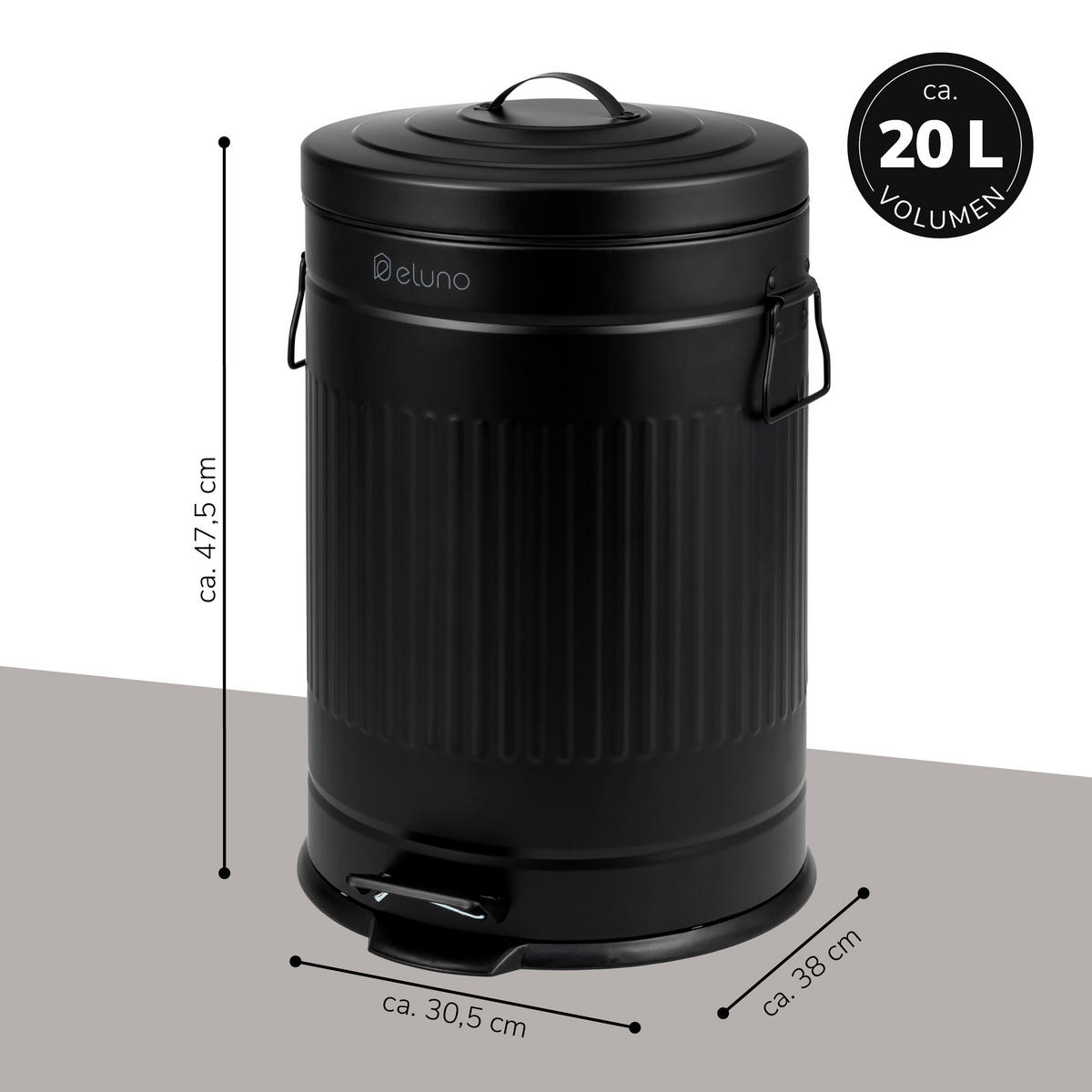 ABFALLEIMER Treteimer VINTAGE, 20 Liter, aus Metall, schwarz - Schwarz, Metall (30.5/47.5/38cm) - eluno