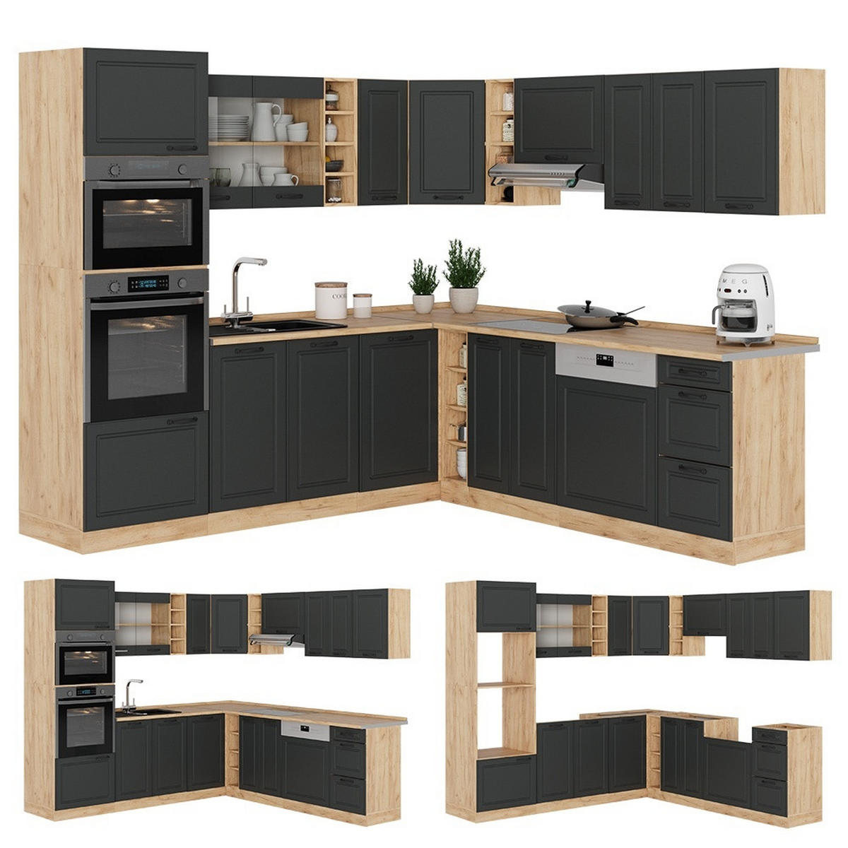 ECKKÜCHE R-Line, Anthrazit Landhaus/Goldkraft Eiche, 247 x 237 cm, AP Eiche - Honigeiche/Anthrazit, Holzwerkstoff (247/206.8/60cm) - Vicco