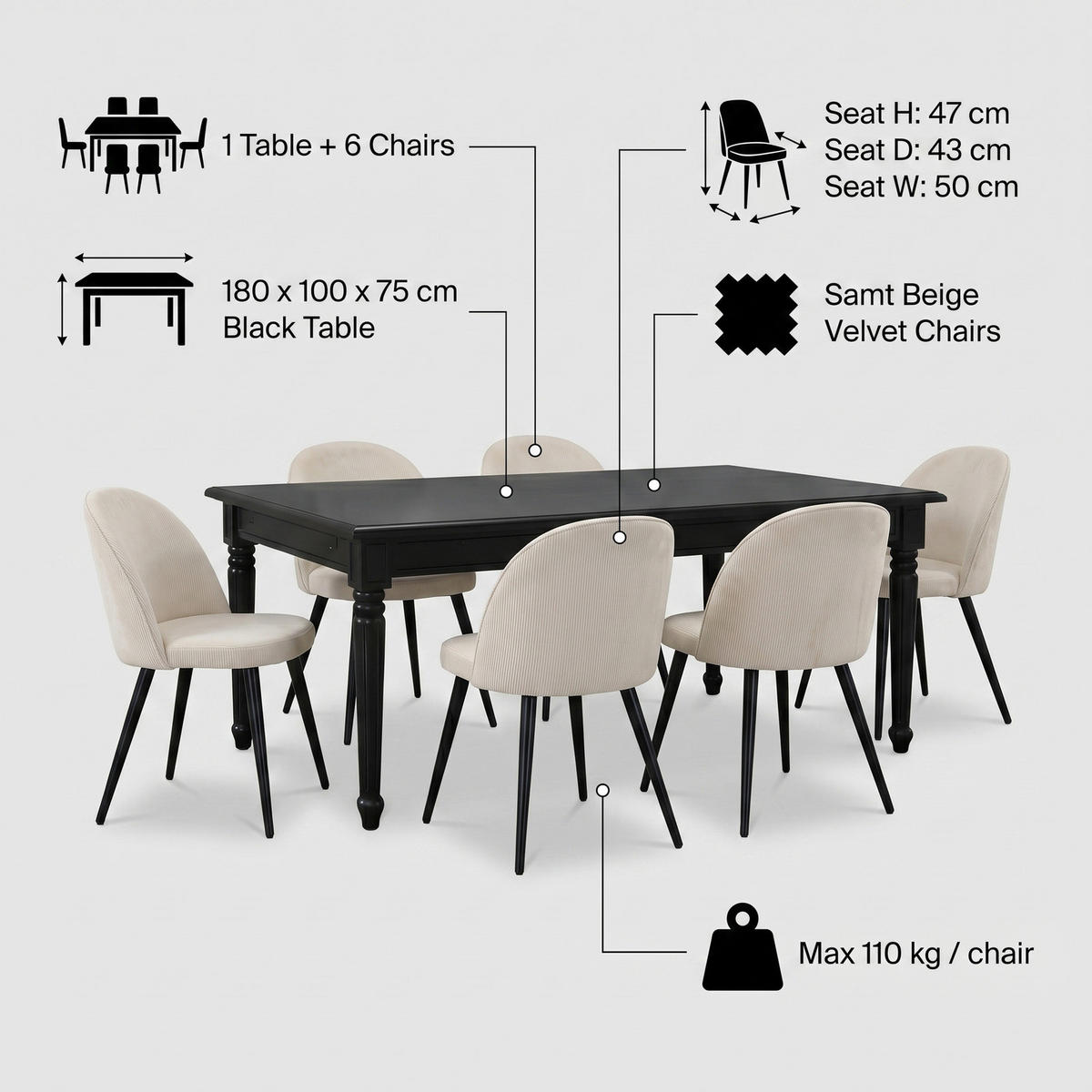 ESSGRUPPE Amaretta mit Esstisch Schwarz und 6 Stühlen Samt Beige, 180 x 100 cm - Sandfarben, Holz/Textil (180/75/100cm) - ebuy24
