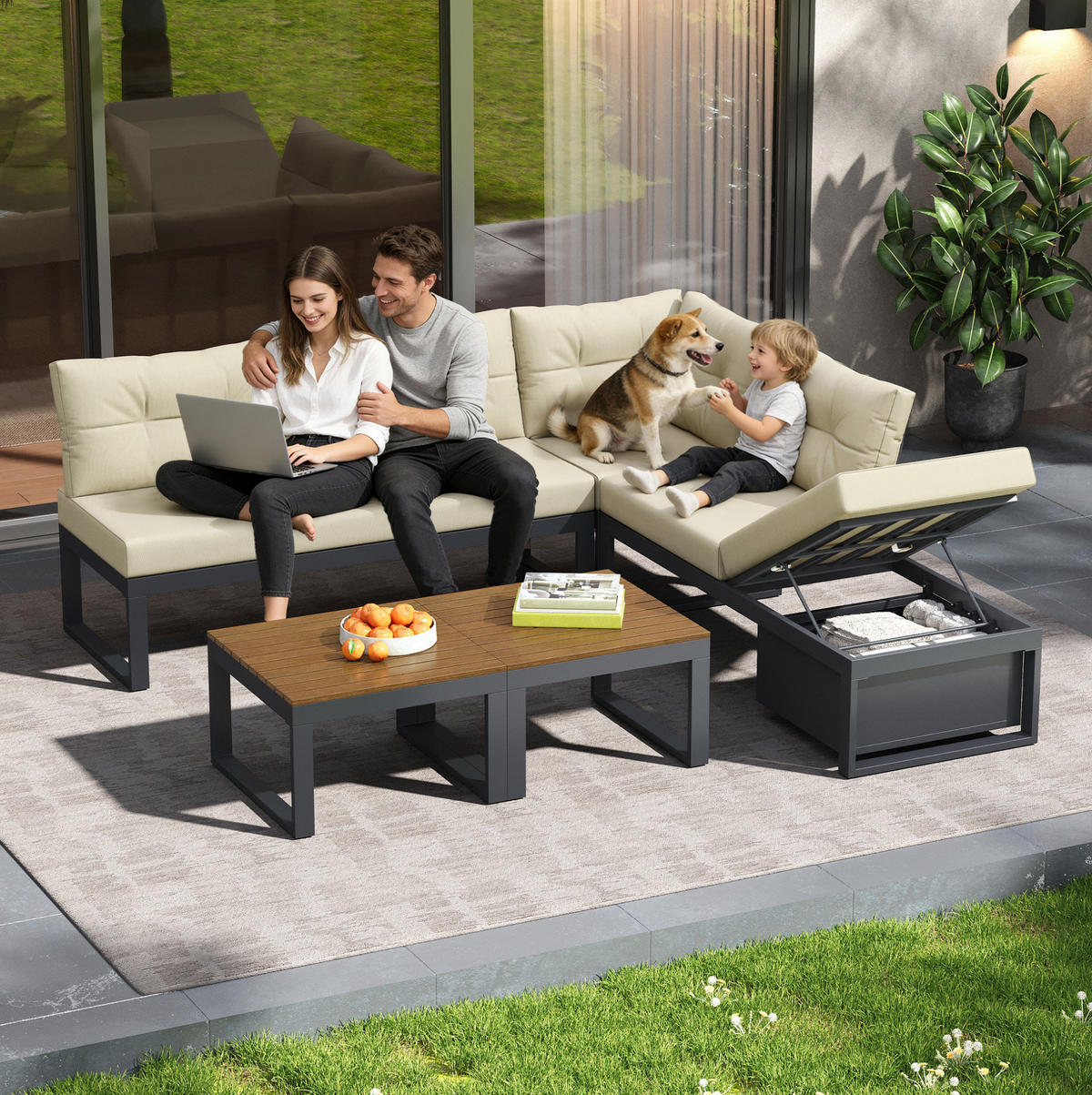 GARTENSET aus Eisen und Polyester 191,5x191,5x79 cm Beige mit Stauraum und 3-fach verstellbarer Liegefunktion - Beige, Textil - Modfu