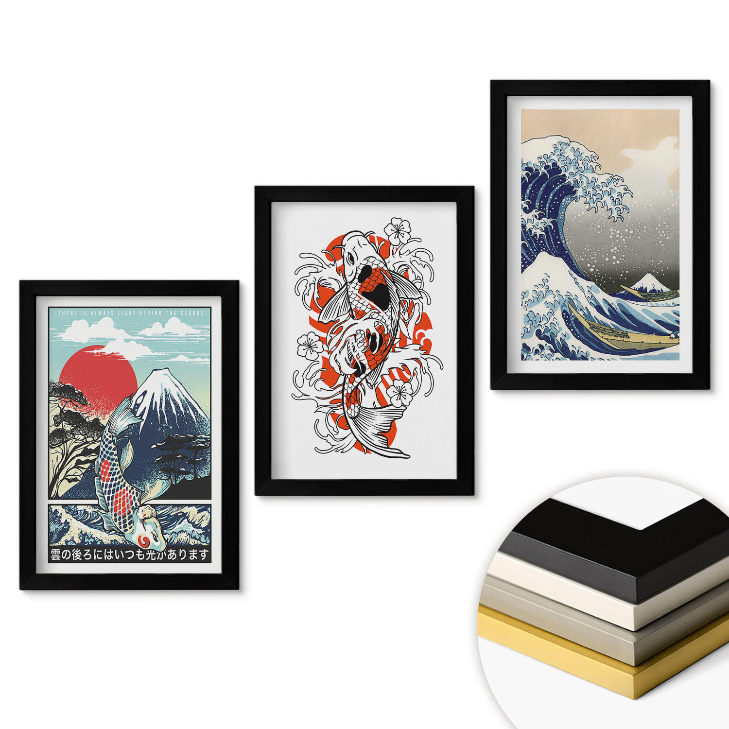 WANDBILDER 3er-Set - 20x30 cm Schwarzer Rahmen - Berge von Fischen Große Welle Japan - Schwarz, Kunststoff (20/30cm) - ArtPrintCave