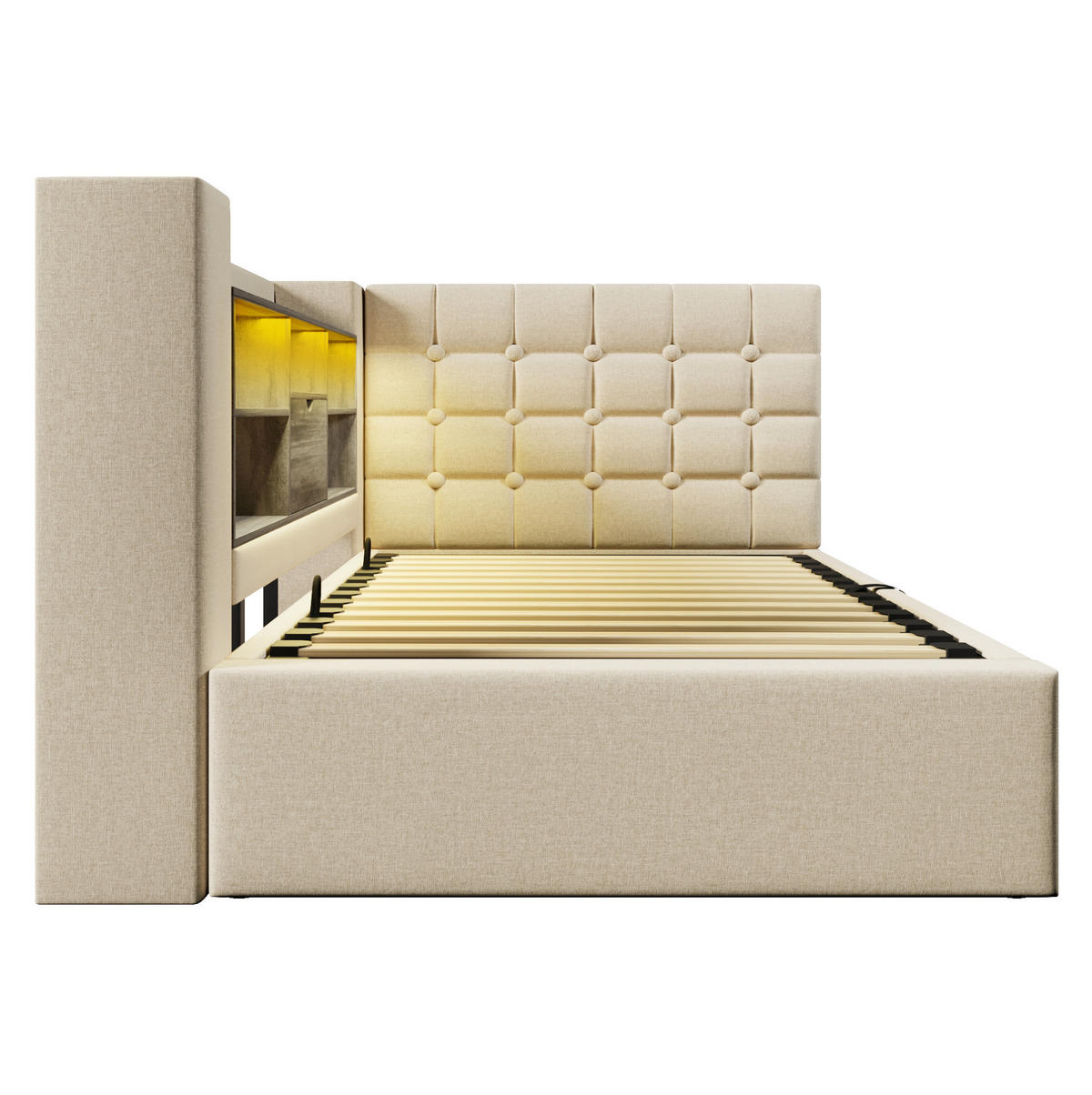 POLSTERBETT 90/200 cm Beige mit LED-Beleuchtung, Stauraum und USB-/Type-C-Anschlüssen - Beige, Textil (90/200cm) - Flora Grace