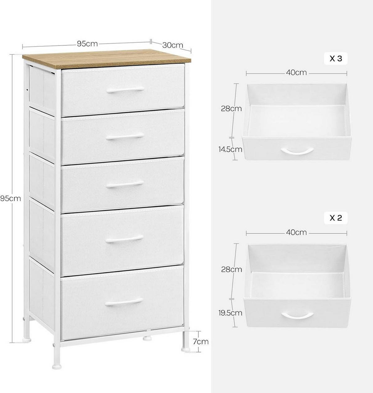KOMMODE mit 5 Schubladen, aus Holzwerkstoff, Weiß - Weiß, Holzwerkstoff/Textil (45.5/95.5/30cm) - Woltu