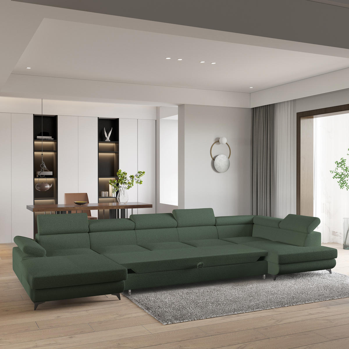 WOHNLANDSCHAFT MONTIVA Grün Boucle-Stoff mit Schlaffunktion - Grün, Holz (410/89/190cm) - MASSENO