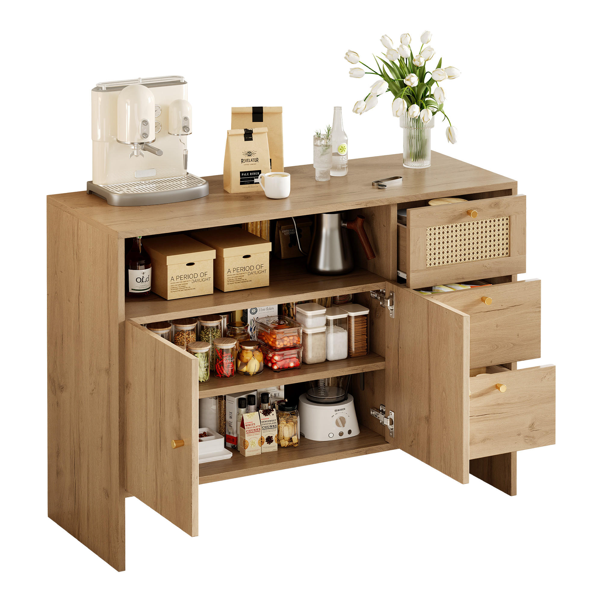 SIDEBOARD Rattan Holz 2 Türen 3 Schubladen Gold 105x40x76cm - Naturfarben, Holzwerkstoff (40/76/105cm) - FLIEKS