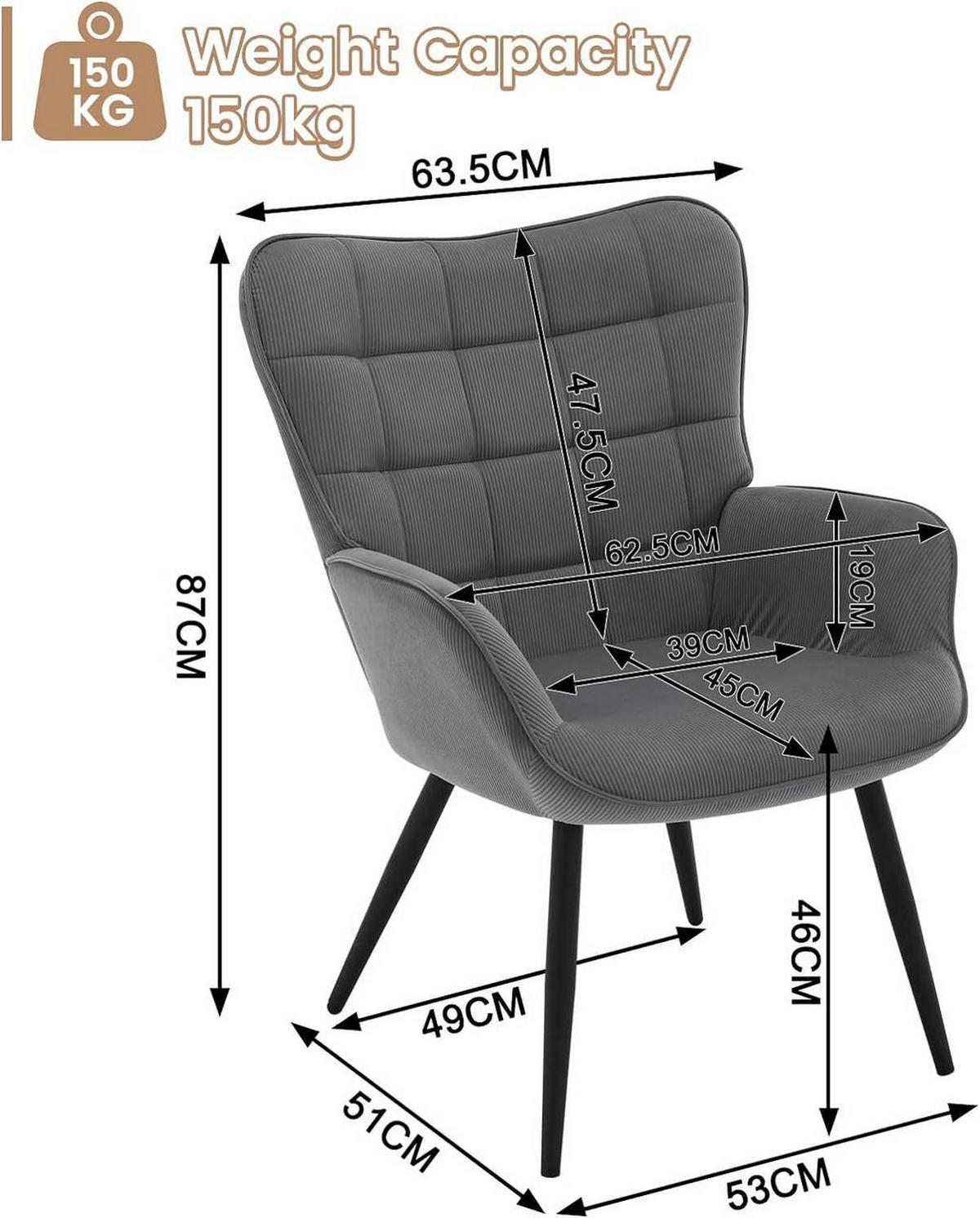 RELAXSESSEL mit Cordbezug , Metallbeine, Dunkelgrau - Dunkelgrau/Schwarz, Textil/Metall (63.5/87/68cm) - Woltu