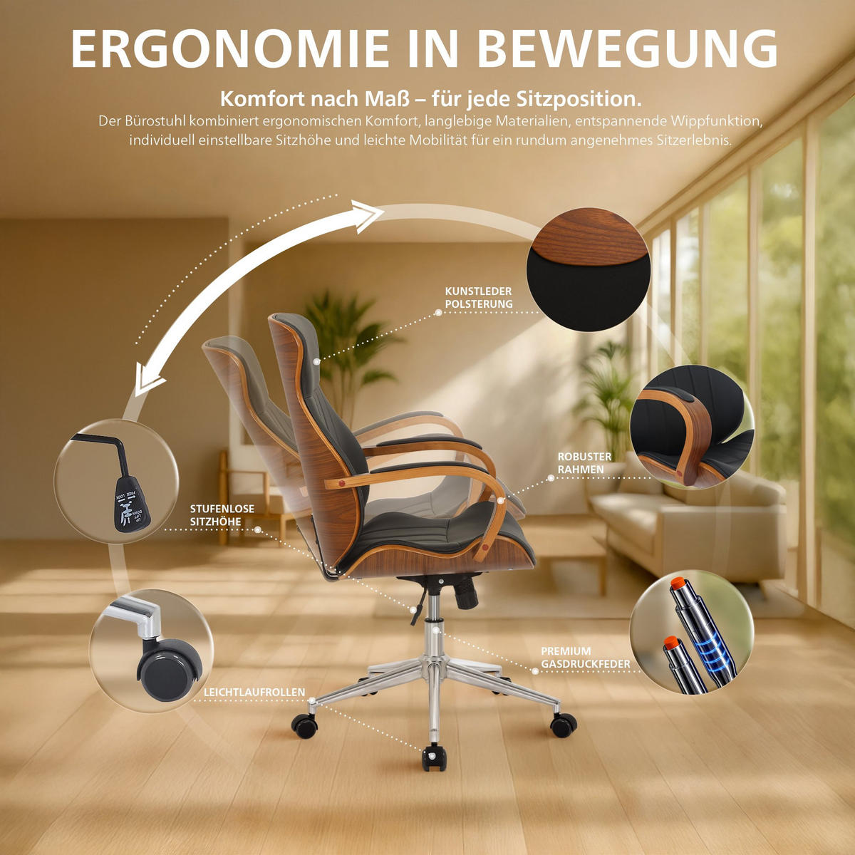 DREHSTUHL Lederlook Walnuss/Schwarz - Chromfarben/Walnussfarben, Textil/Metall (63/100/68cm) - CLP