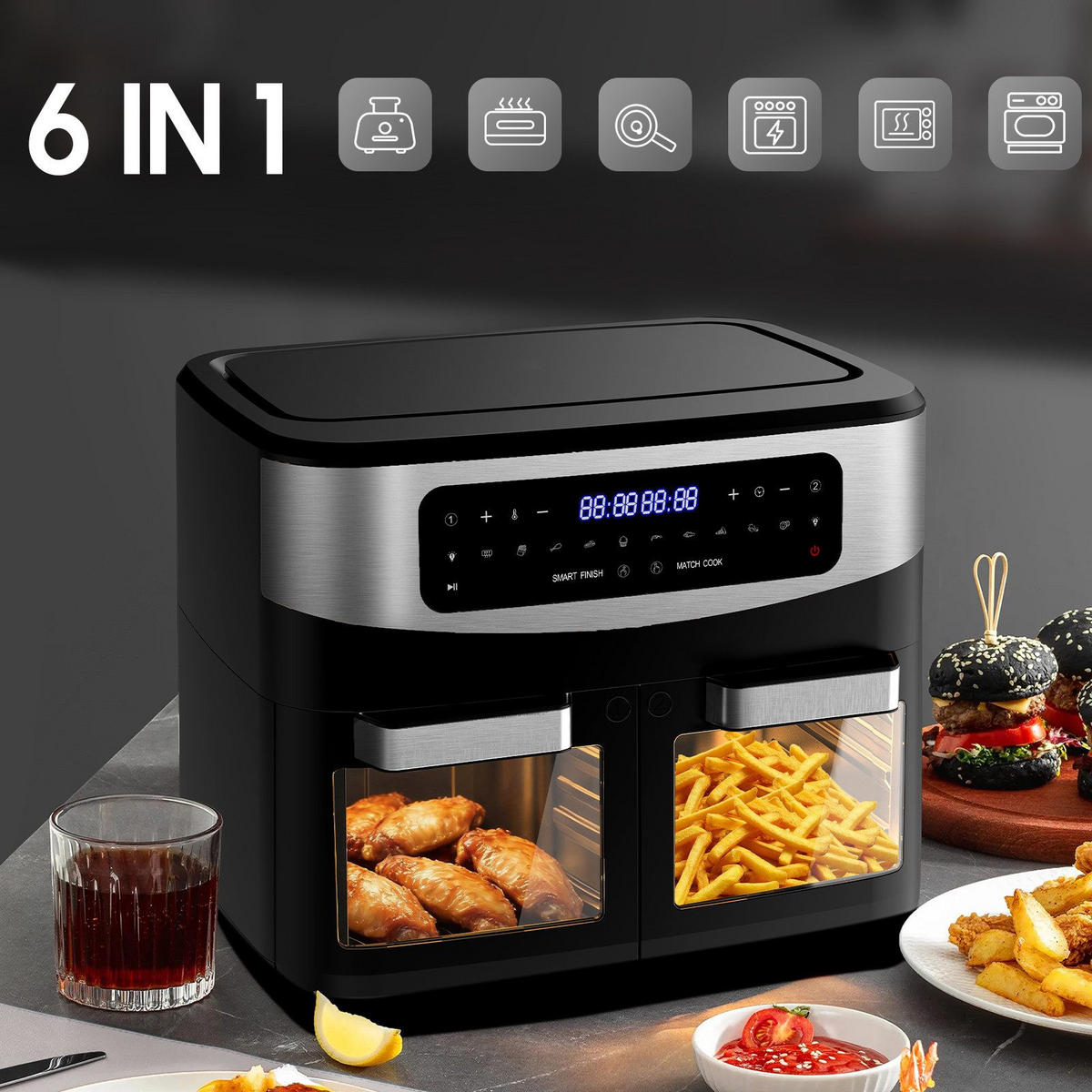 HEISSLUFTFRITTEUSE 5,5 L + 5,5 L - Schwarz Hochglanz, Metall (35/33/30cm) - Aimax