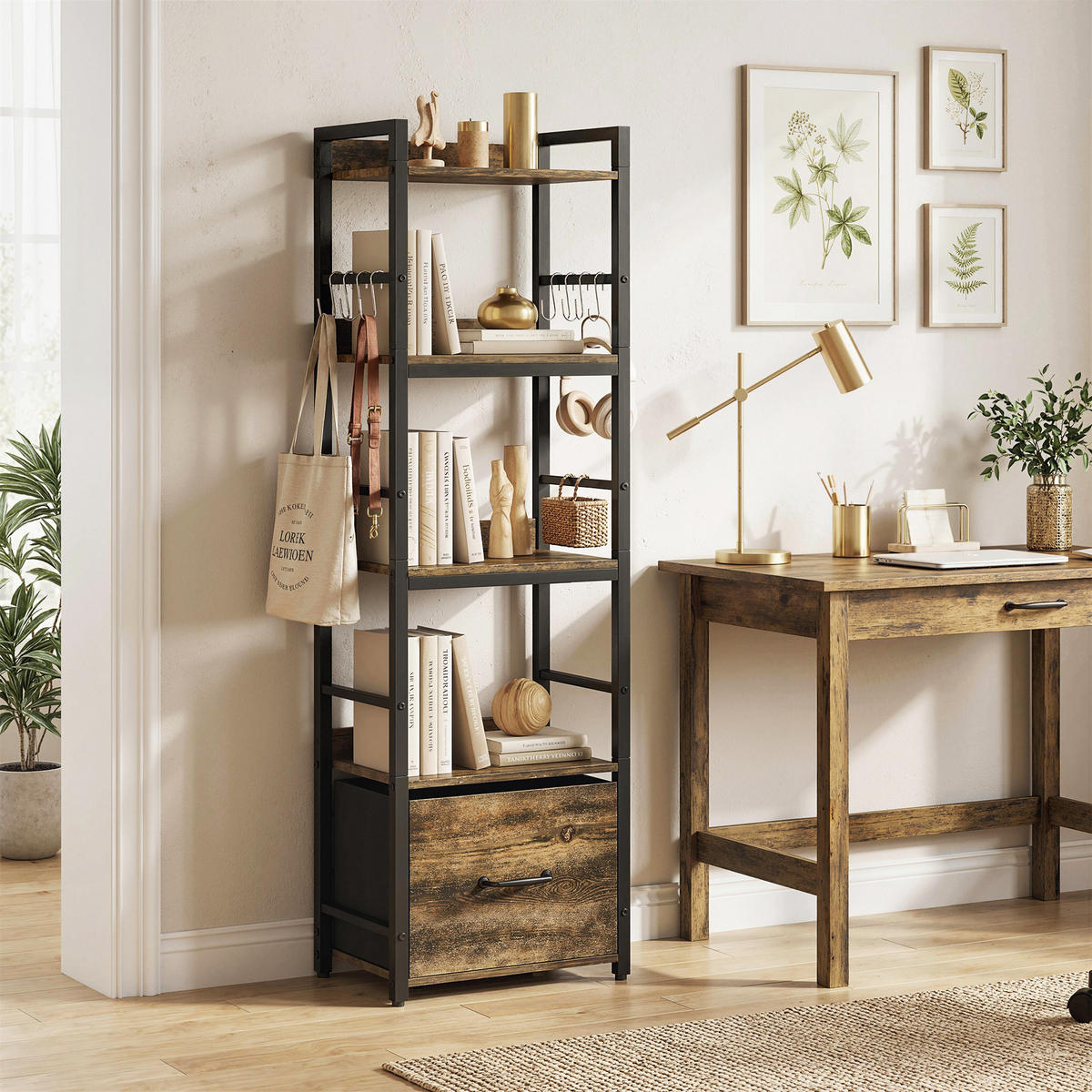 REGAL DE-15566 4 Ebenen + 1 Schublade + 8 Haken Rustikalbraun - Braun, Holzwerkstoff (39/136.5/26cm) - ComfortXL