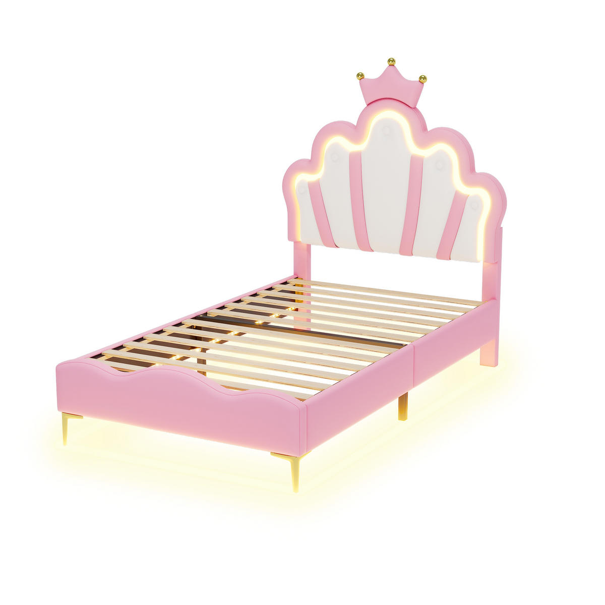 KINDERBETT 90/200 cm Rosa mit LED-Beleuchtung und krönenförmigem Kopfteil - Rosa, Kunststoff (90/200cm) - OKWISH