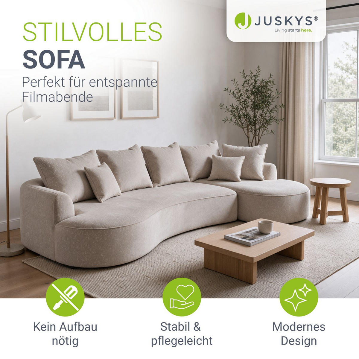 SOFA Tirano Samt Beige mit Ottomane rechts - Beige, Textil (300/102cm) - Juskys