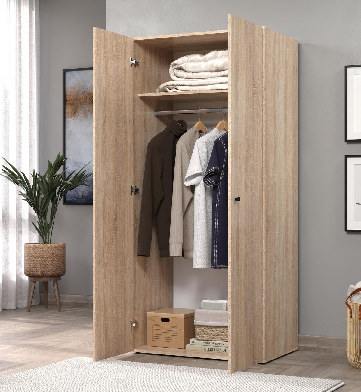 KLEIDERSCHRANK Eiche Sonoma hell 81 x 176 cm, Drehtürenschrank 2-türig - Schwarz/Sonoma Eiche, Holzwerkstoff/Kunststoff (81/176/51cm) - Top.Furn