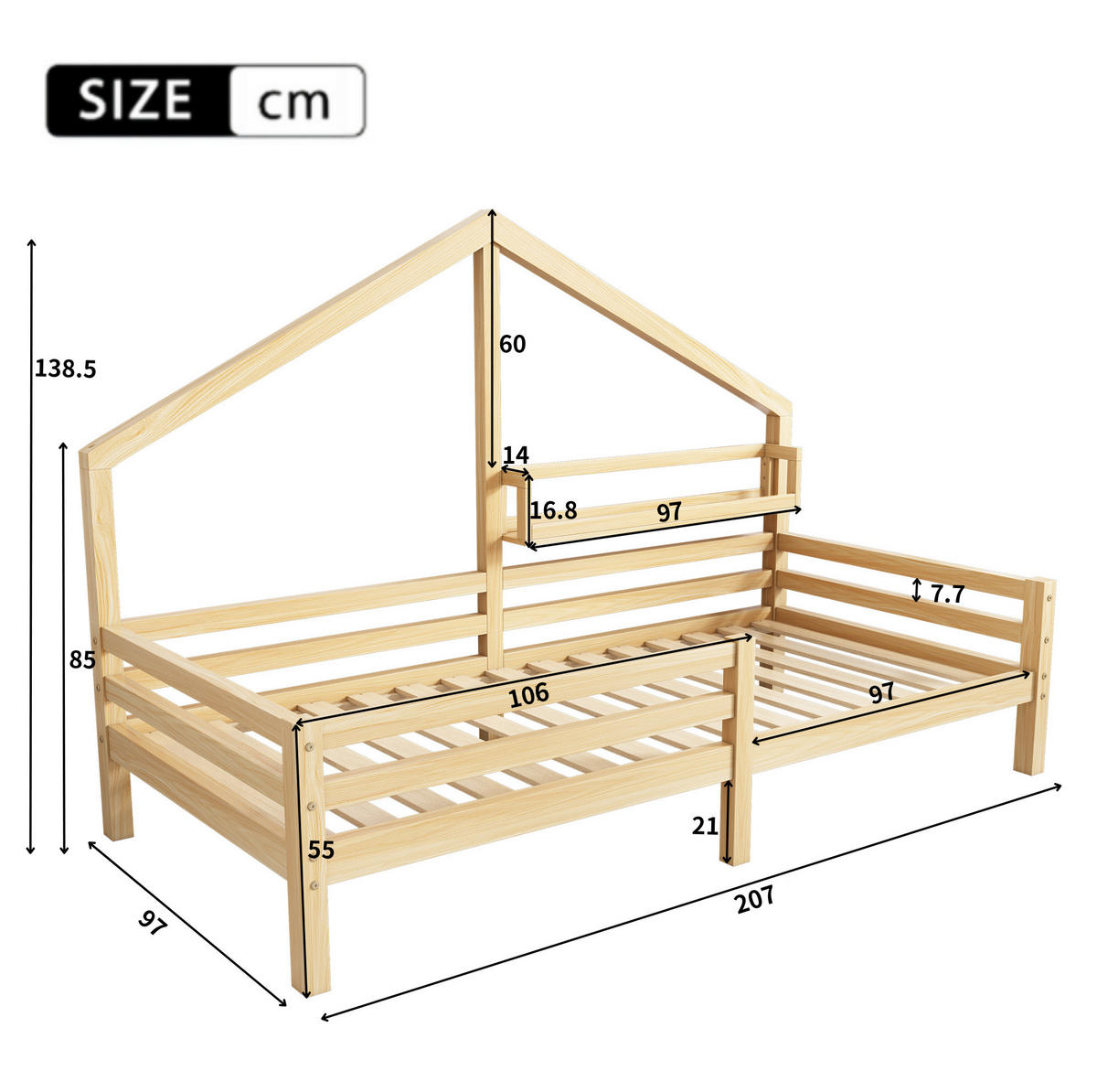 HAUSBETT 90/200 cm Natur aus Kiefernholz mit Ablageregal - Naturfarben, Holzwerkstoff (90/200cm) - OKMYHOME