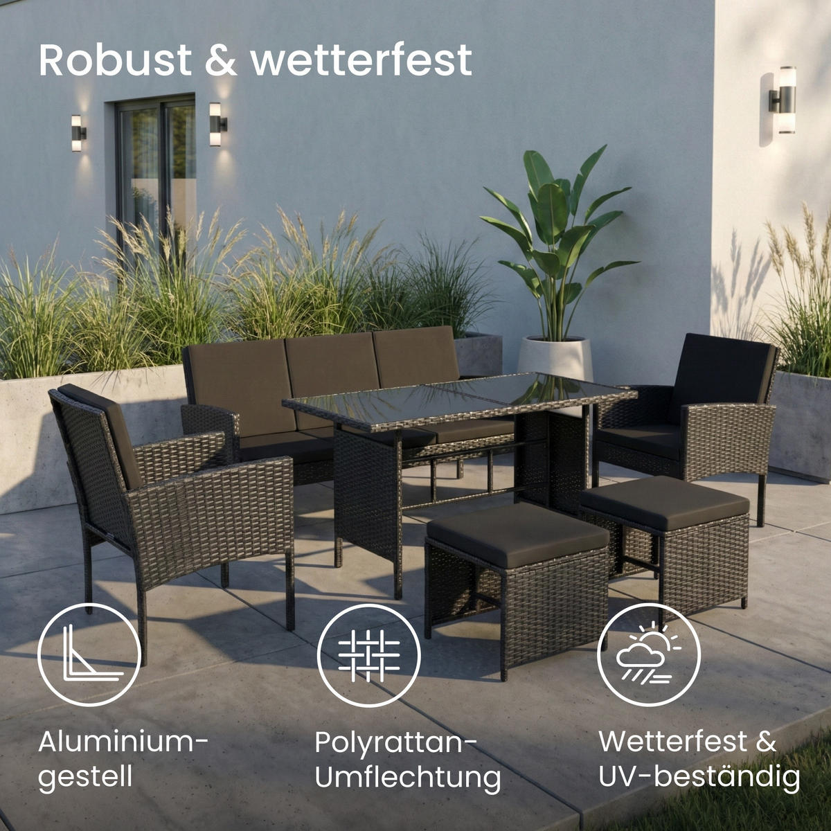 GARTENMÖBEL-SET mit 3-Sitzer Sofa, 2 Stühle, 2 Hocker mit schwarze Kissen - Schwarz, Metall - Home Collective