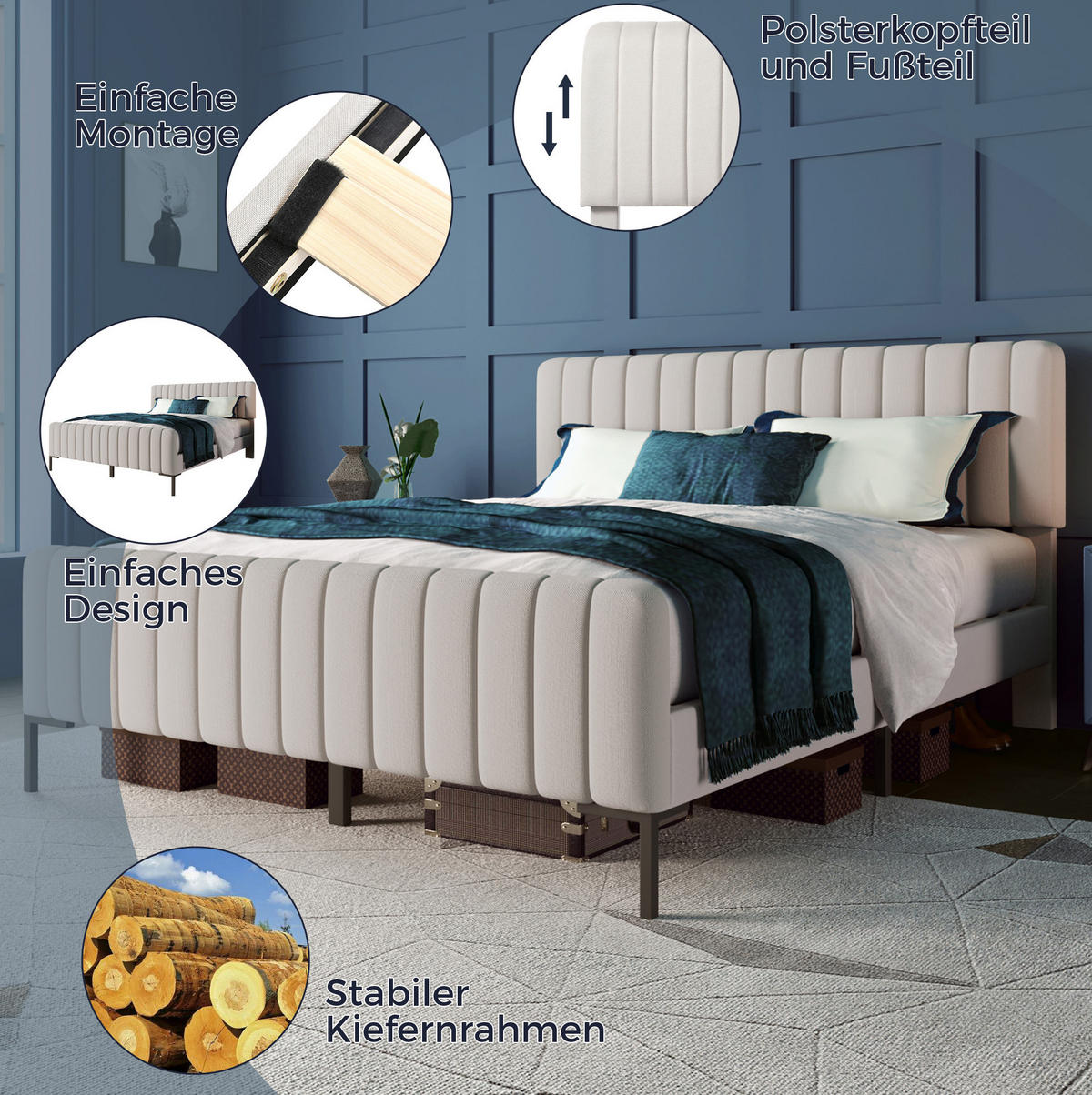 POLSTERBETT mit Matratze 140x200 cm Leinen Grau-Beige - Grau, Metall (140/200cm) - Meubliv