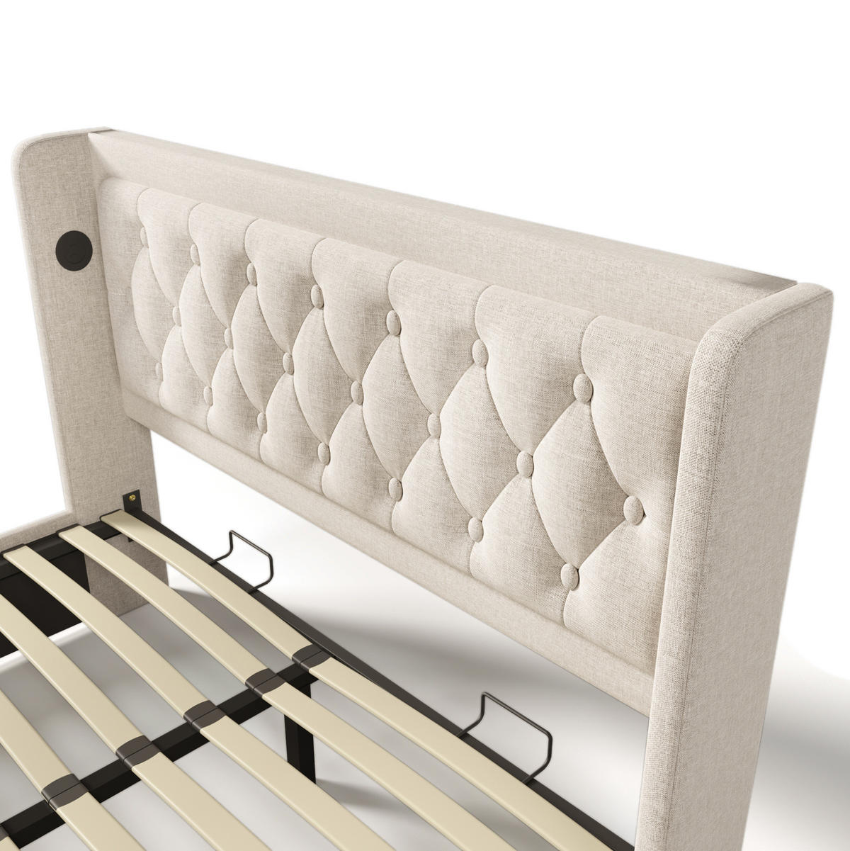 BETT mit Stauraum, LED und USB 140x200 cm Beige Baumwolle - Beige, Metall (140/200cm) - Meubliv