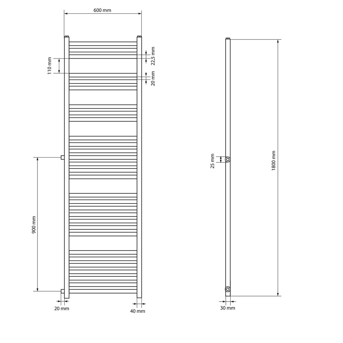 BADHEIZKÖRPER Sahara 600x1800 mm Weiß gerade mit Thermostatventil - Weiß, Metall (60/180/3cm) - LuxeBath