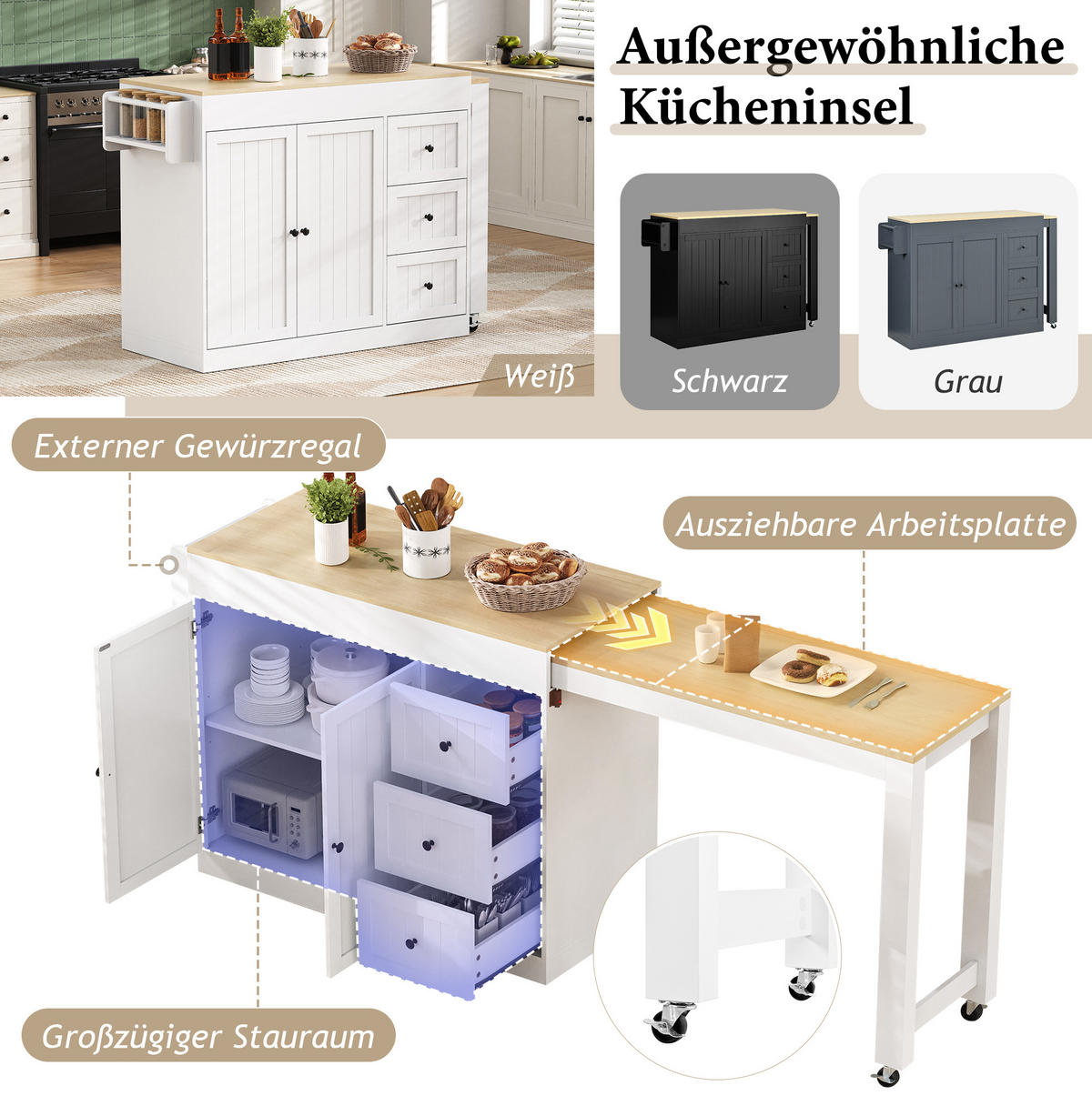 KÜCHENINSEL 112-186,8/45/93 cm mit ausziehbarer Arbeitsplatte, 3 Schubladen und Gewürzregal, MDF/Spanplatte, Weiß - Weiß, Holzwerkstoff (130/93/45cm) - Redom