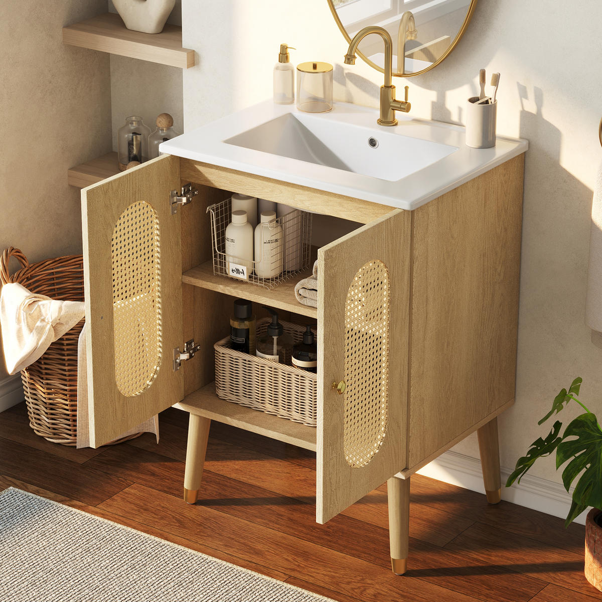 BADEZIMMERSCHRANK Rattan Türen Holzoptik Stauraum 61cm - Naturfarben, Keramik (61/89/47cm) - FLIEKS