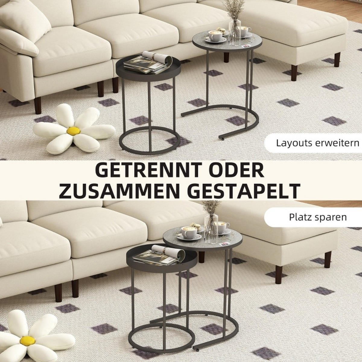 SATZTISCHE 42/36.5 cm grau aus MDF und Metall mit Tablett-Design - Grau, Metall (42/42/54cm) - OKMYHOME