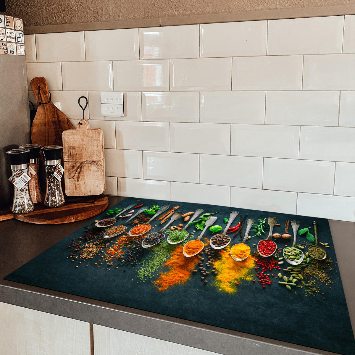 HERDABDECKPLATTE Kräuter - Gewürze - Löffel 77x59 cm - Multicolor, Kunststoff (77/59/0.2cm) - MuchoWow