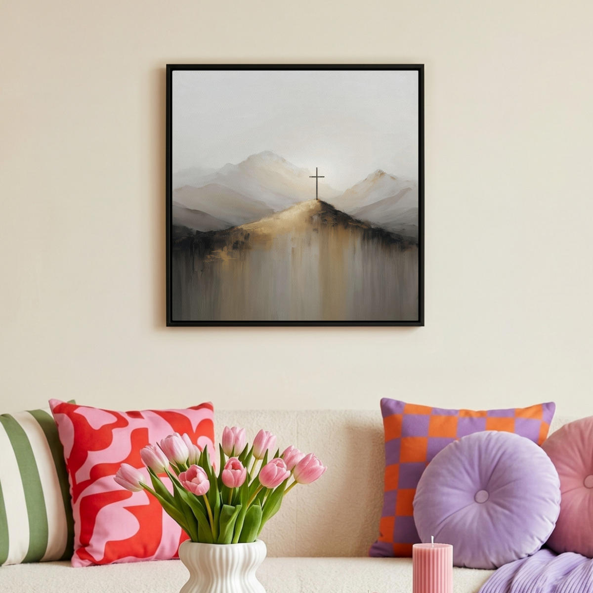 LEINWAND Bilder mit Rahmen - Hügel - Abstrakt - Kreuz - Christentum - 50x50 - Beige, Textil (50/50cm) - MuchoWow