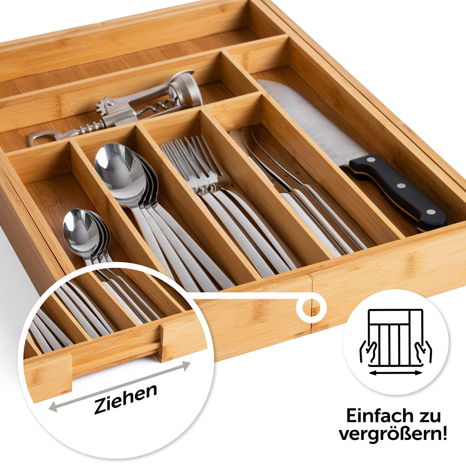 BESTECKKASTEN größenverstellbar 7 - 9 Fächer Bambus - Eichefarben, Holz (33.7/5/44.5cm) - Blumtal
