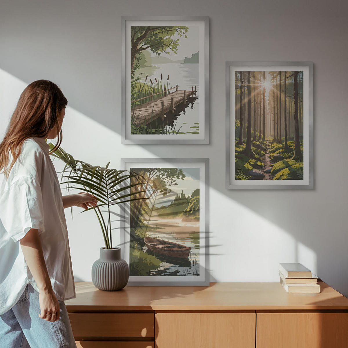 WANDBILDER 3er Set - 40x60 cm Silberner Rahmen - Landschaft aus Wald, See und Boot - Silberfarben, Kunststoff (40/60cm) - ArtPrintCave