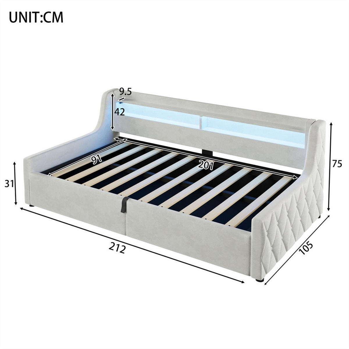 POLSTERBETT 90x200 cm mit Hydraulischem Bettkasten & LED-Beleuchtung - ohne Matratze - Beige - Beige, Textil (90/200cm) - DELFA