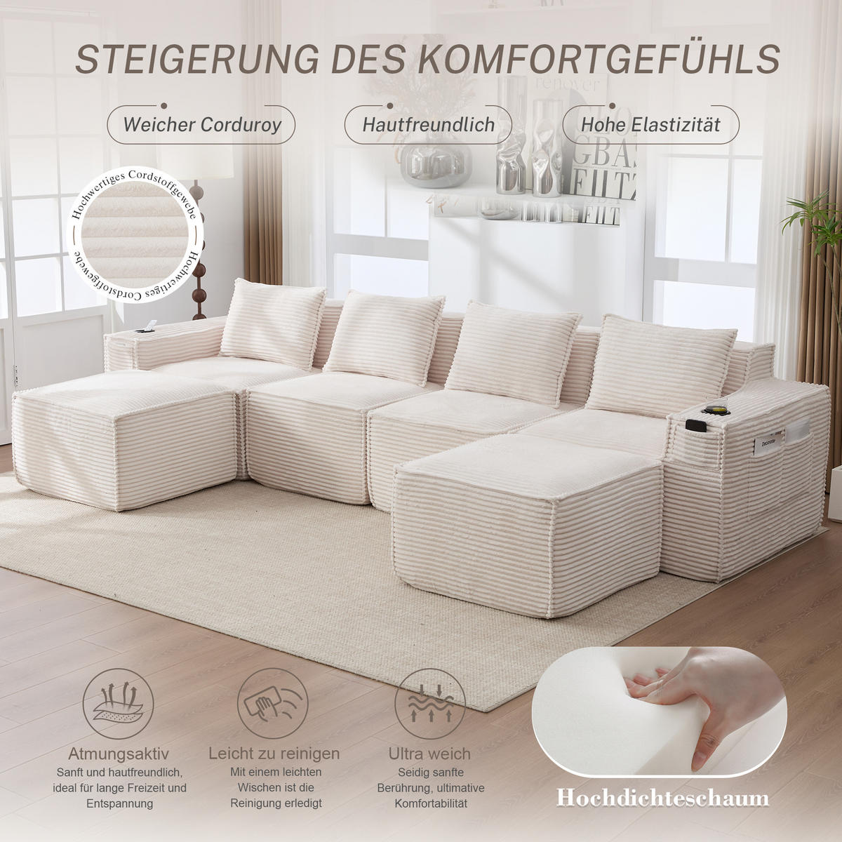 WOHNLANDSCHAFT 330/162/75 cm Beige mit 2 Fußhocker, Getränkehalter und Seitentaschen - Beige, Textil (330/75/162cm) - Oxeza