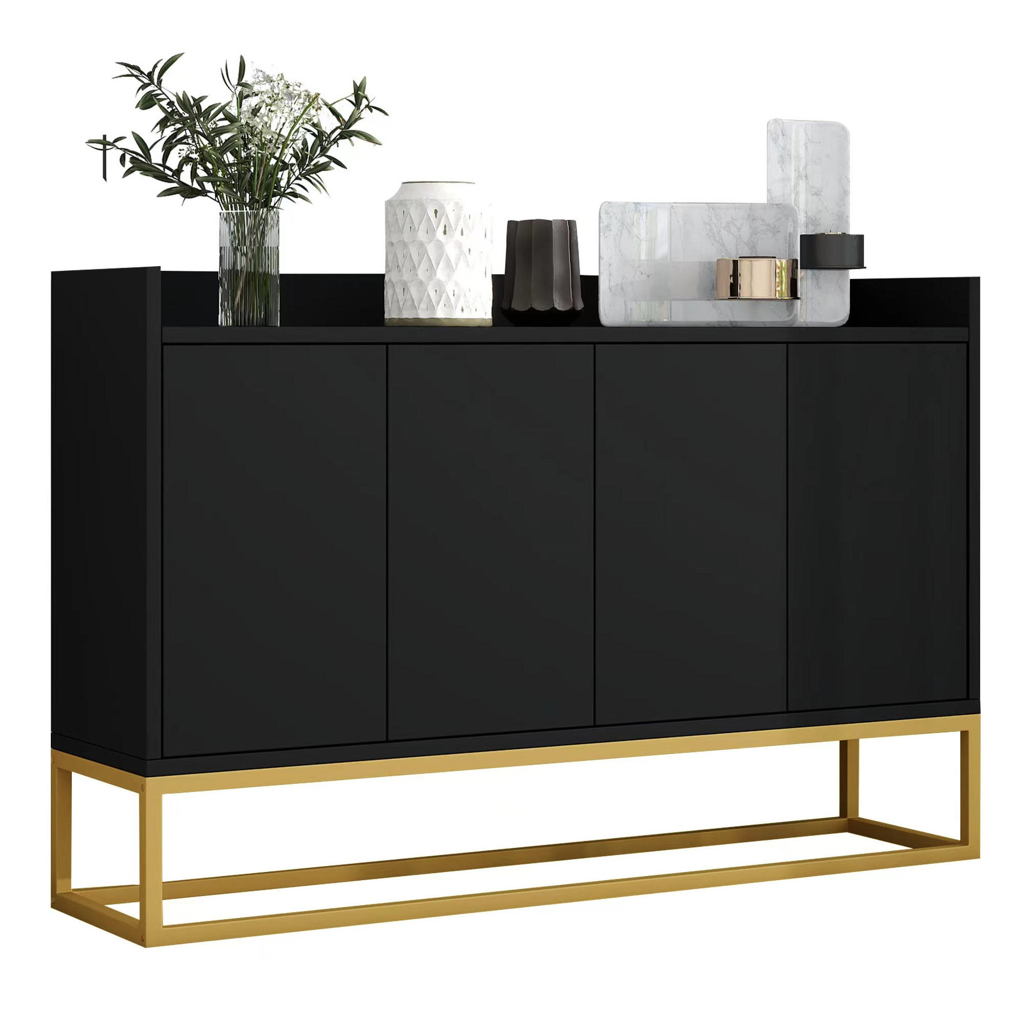 SIDEBOARD 120/30/80 cm mit 4 Türen, verstellbaren Einlegeböden und Push-to-Open, mit Metallrahmen, Schwarz - Schwarz, Holzwerkstoff (120/80/30cm) - Redom