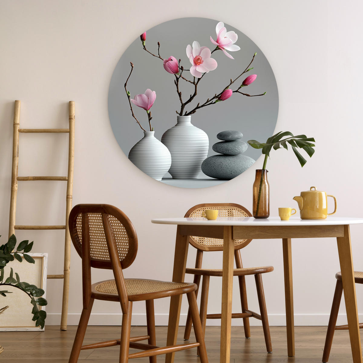 WANDBILD Magnolie - Blumen - Rosa - Zen-Steine 90x90 cm - Hellgrau, Kunststoff (90/90cm) - MuchoWow