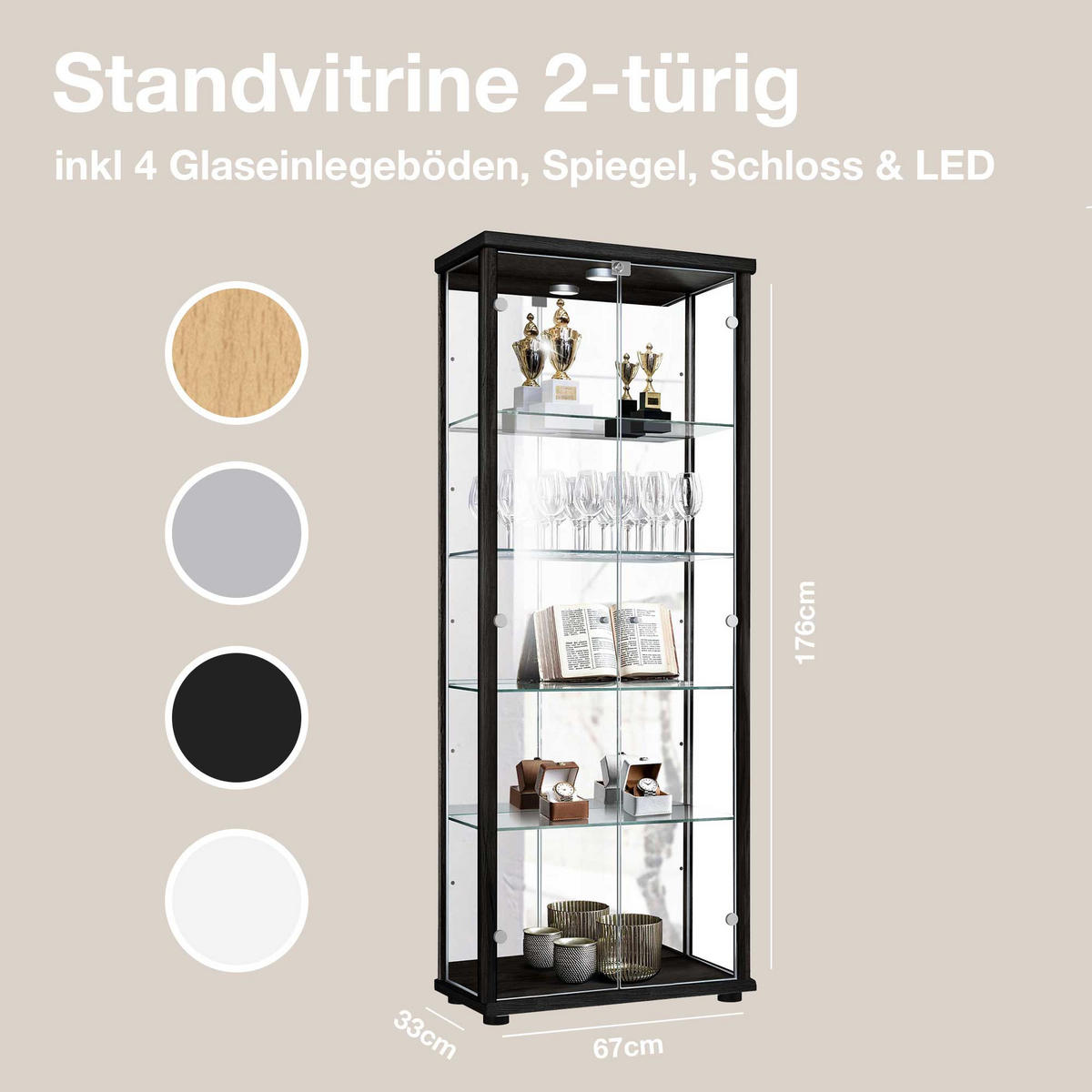 GLASVITRINE 33/67/176 cm mit Spiegel, LED, Schloss & 4 höhenverstellbaren Glasböden - Transparent/Silberfarben, Glas/Holzwerkstoff (67/176/33cm) - K-Möbel