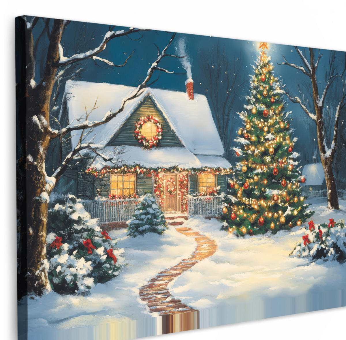 LEINWANDBILD Weihnachten - Weihnachtsbaum - Winter - Zuhause - Schnee Wanddeko 90x60 cm - Smaragdgrün, Textil (90/60cm) - MuchoWow