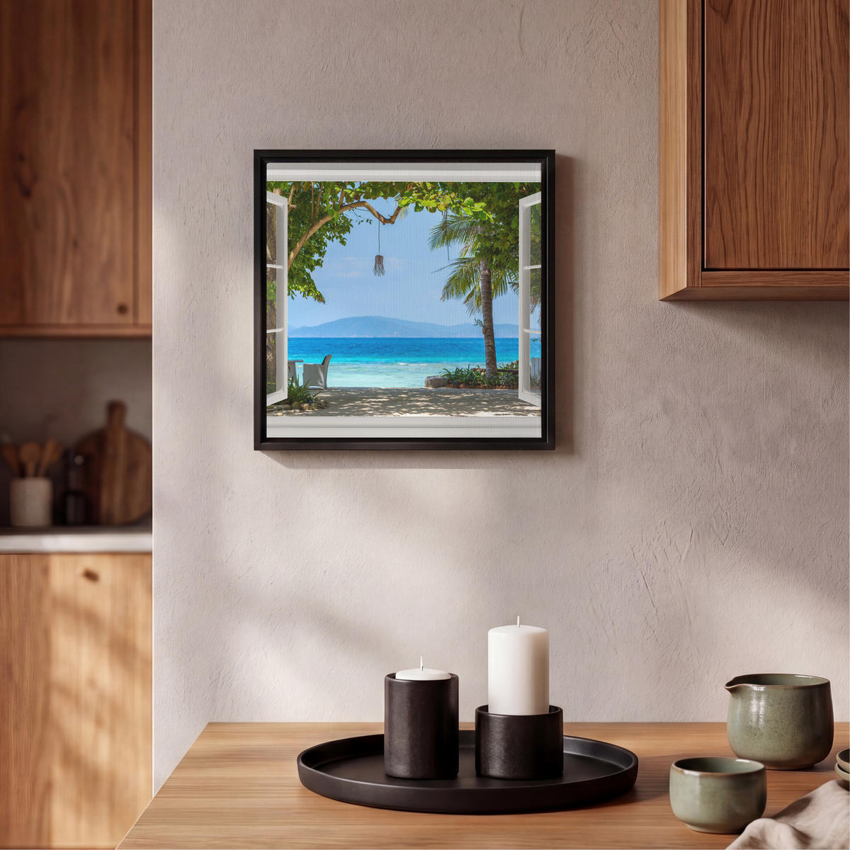 LEINWAND Bilder mit Rahmen - Aussicht - Baum - Meer - Palme - Hügel - Strand - Blau - 20x20 - Blau, Textil (20/20cm) - MuchoWow