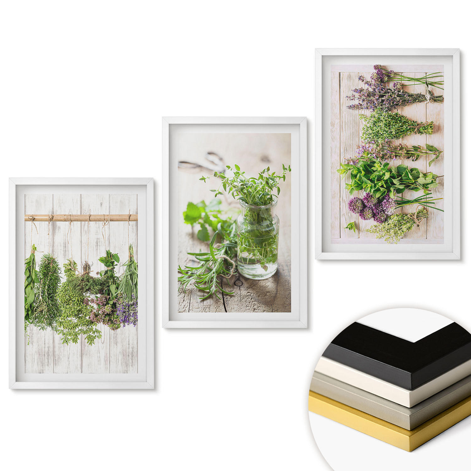 WANDBILDER 3er-Set - 40x60 cm Weißer Rahmen - Kräuterpflanzen für die Küche - Weiß, Kunststoff (40/60cm) - ArtPrintCave