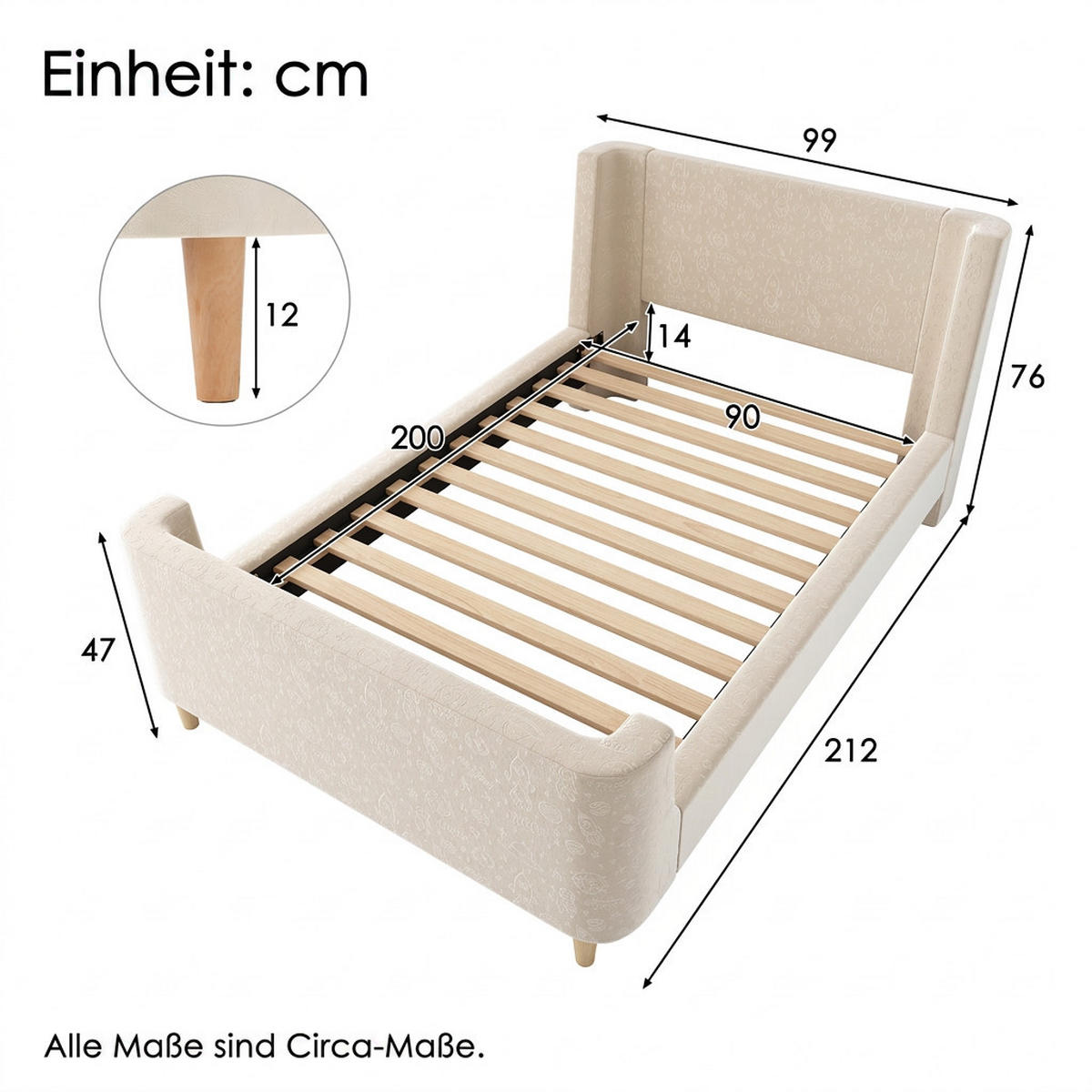 POLSTERBETT 90/200 cm Natürlich mit kosmischem Muster, Ohne Matratze - Beige, Textil (90/200cm) - Oxeza