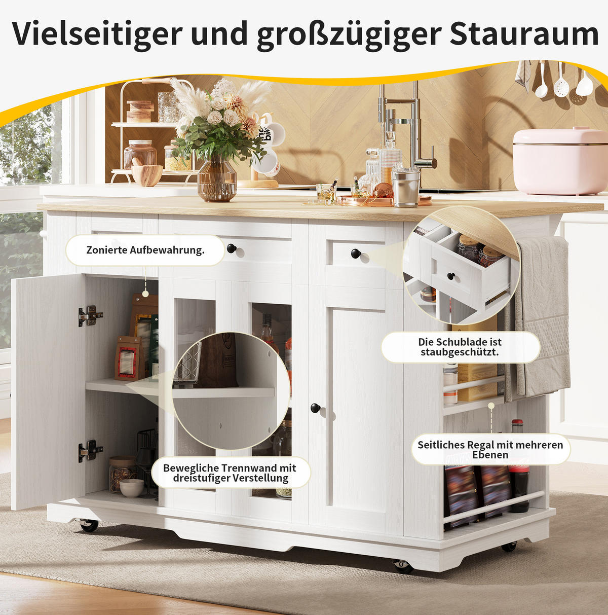 KÜCHENINSEL 151,5/60/91,7 cm Weiß/Natur aus MDF, Metall und Glas mit klappbarer Tischplatte - Weiß, Holzwerkstoff (60/91.7/151.5cm) - OKMYHOME
