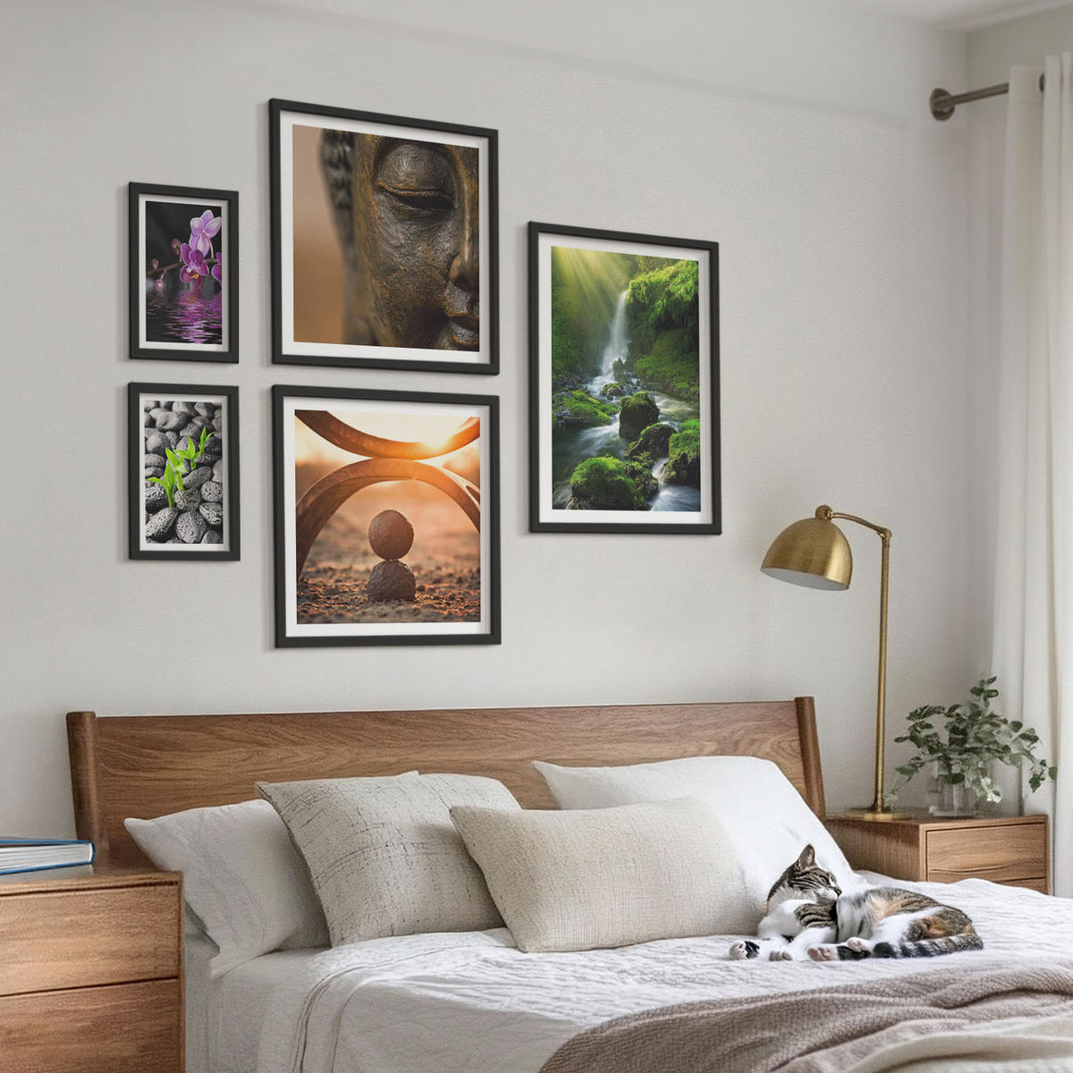 WANDBILDER 5er-Set - 50x50 cm & 20x30 cm & 40x60 cm Schwarzer Rahmen - Winterlandschaft mit Nordlichtern - Schwarz, Kunststoff (40/60cm) - ArtPrintCave